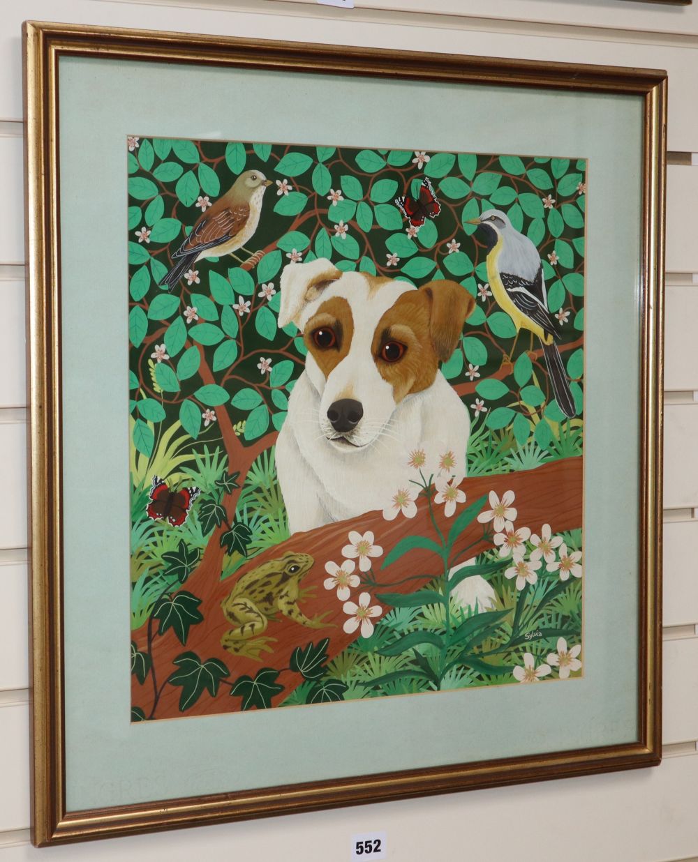 Sylvia Emmons, gouache, Jack Russell terrier, frog and bird, signed, 42 x 39cm